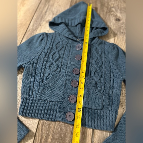 Love Rocks Midnight Blue Hooded Button Down Cableknit Cropped Sweater - M - Picture 7 of 11